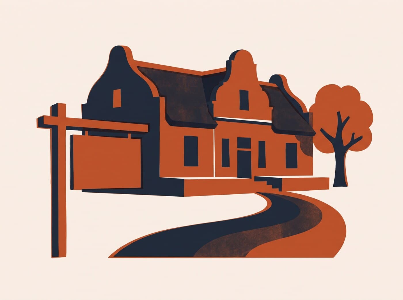 A Cape Dutch farmhouse with a for-sale board on the driveway