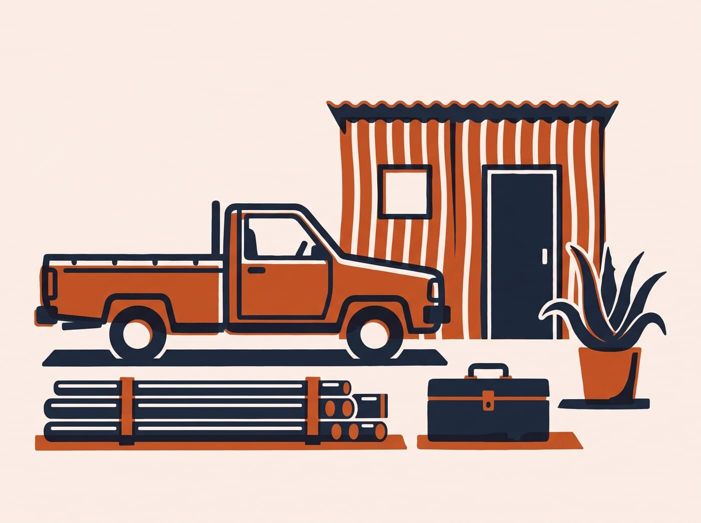 A bakkie parked outside a small corrugated-iron workshop, with pipes and a toolbox
